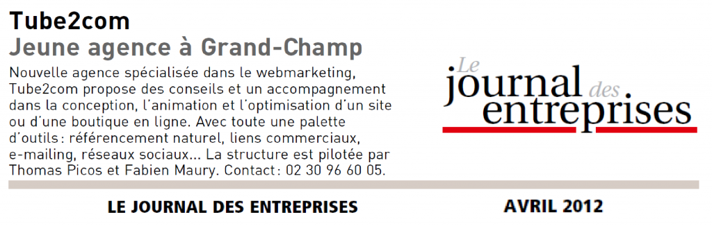 Tube2com dans le Journal des Entreprises, p.27